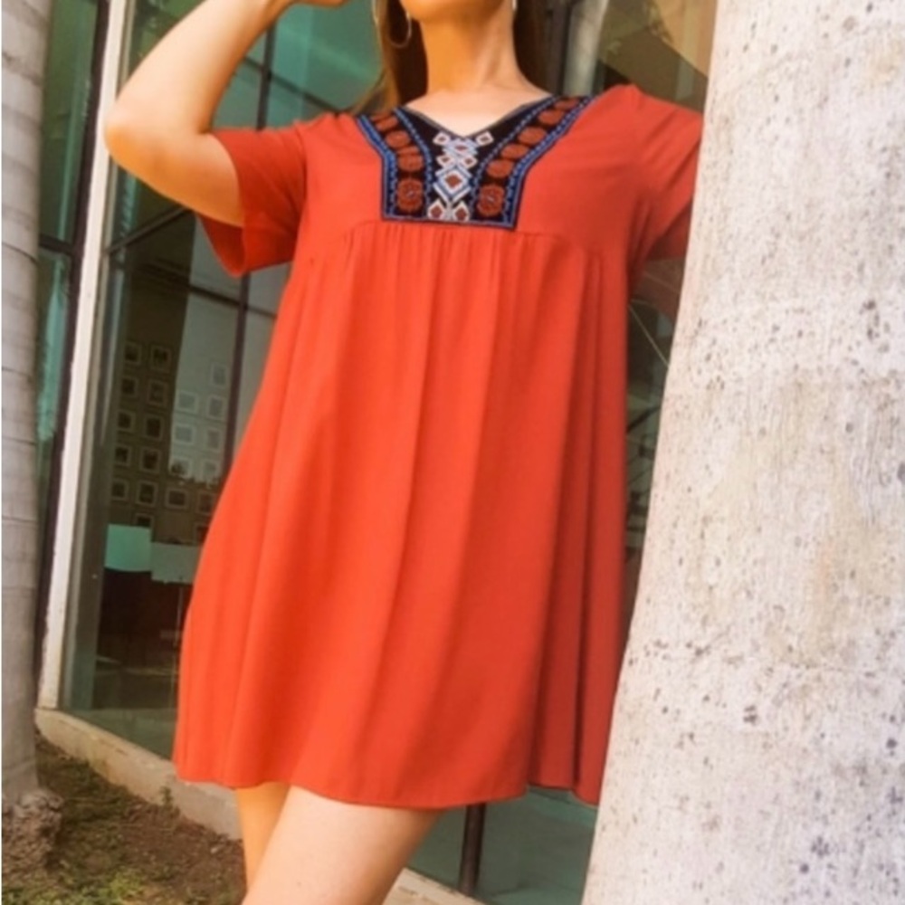 Rust Embroidered V-Neck Swing Dress